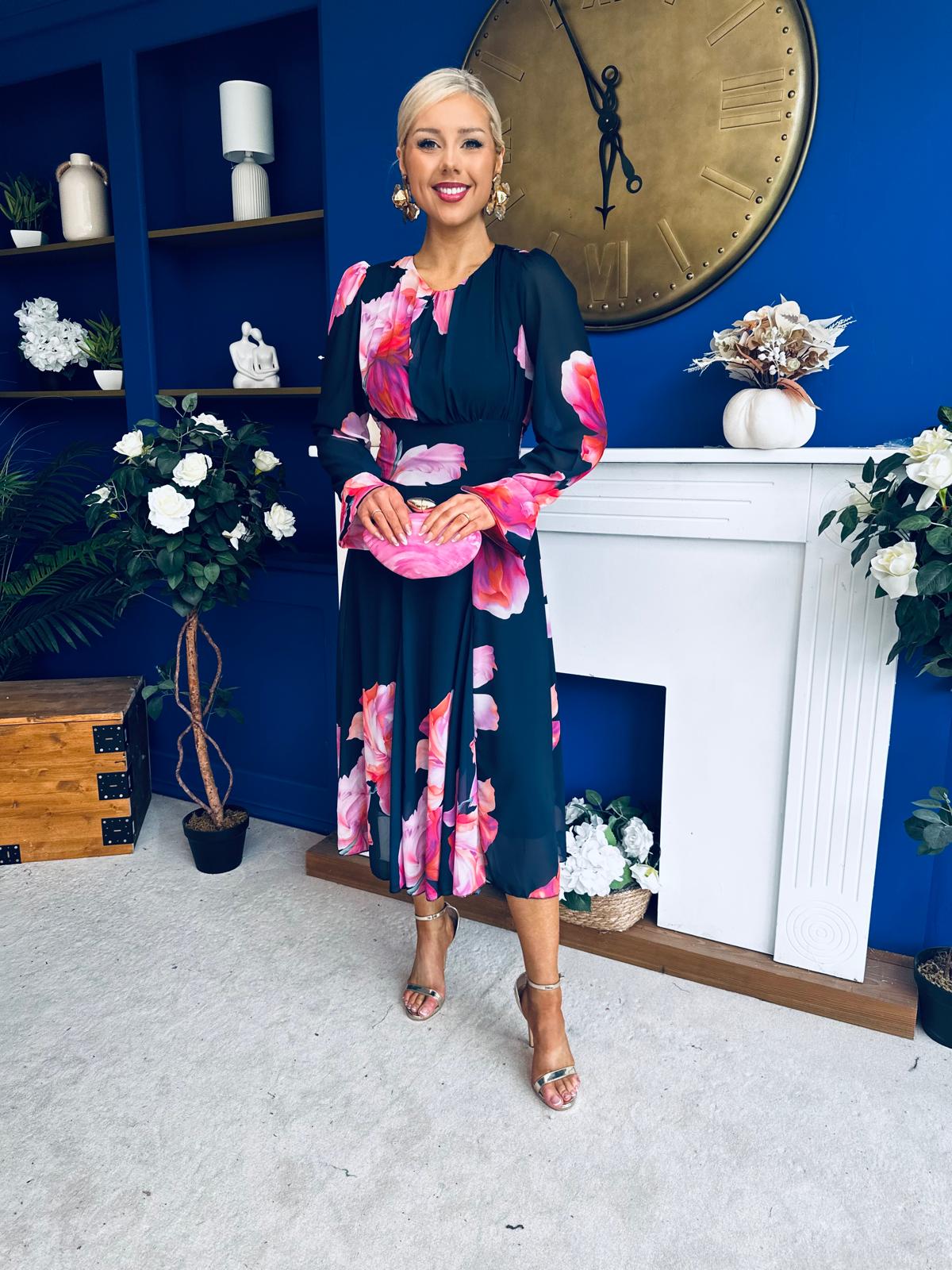 Kaylinn Banded Midi Dress Floral Navy