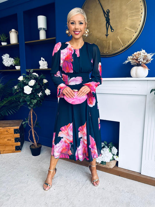 Kaylinn Banded Midi Dress Floral Navy