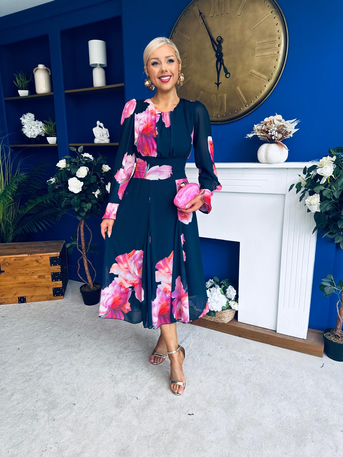 Kaylinn Banded Midi Dress Floral Navy