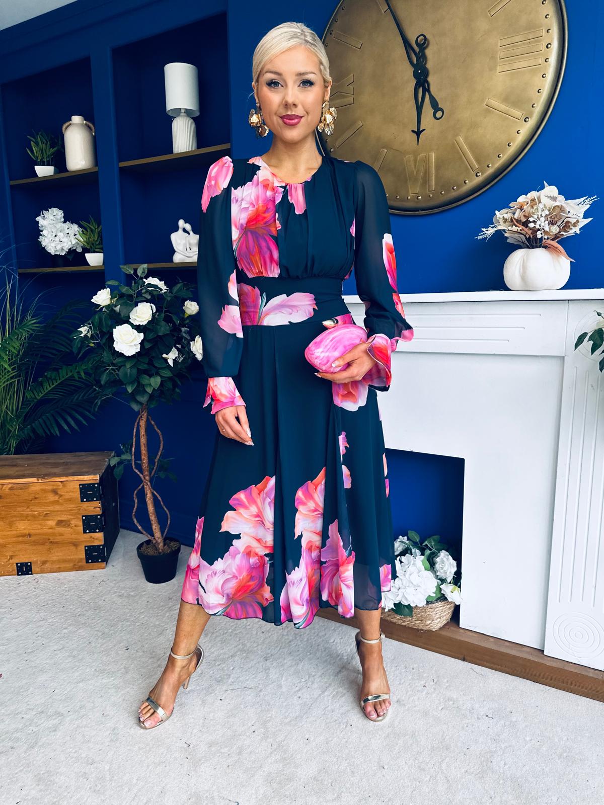 Kaylinn Banded Midi Dress Floral Navy