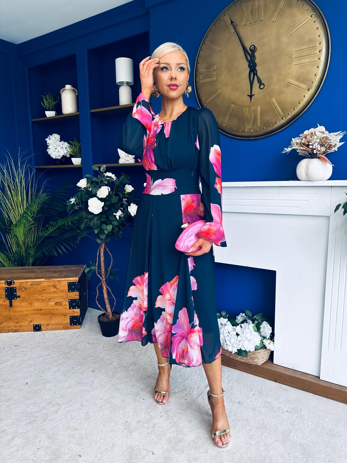 Kaylinn Banded Midi Dress Floral Navy