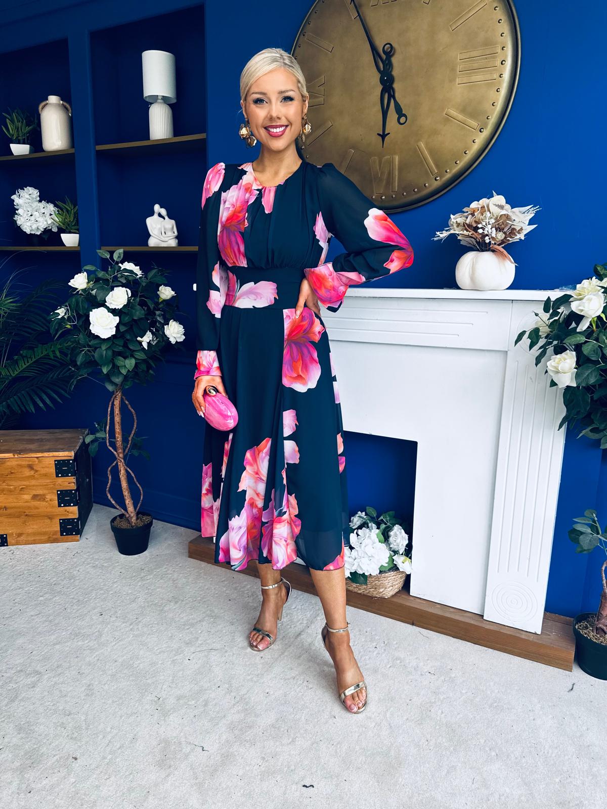 Kaylinn Banded Midi Dress Floral Navy