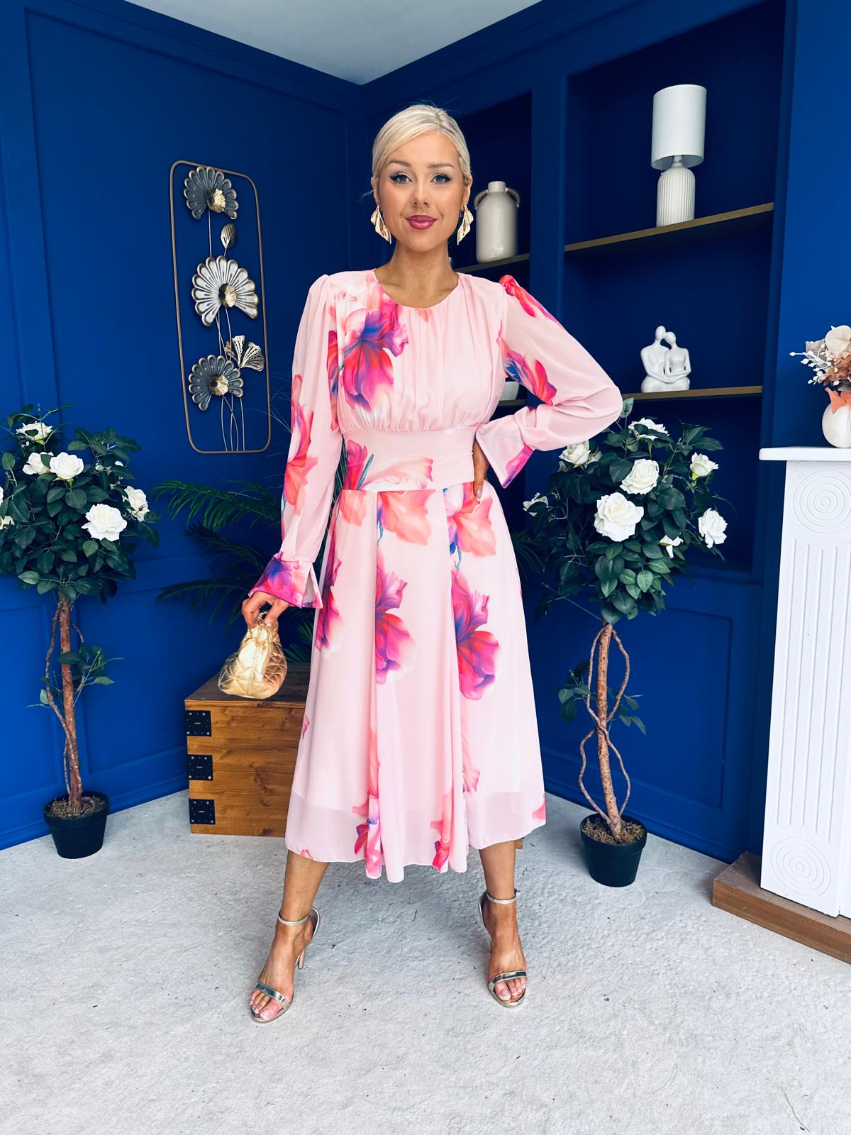 Kaylinn Banded Midi Dress Floral Peach