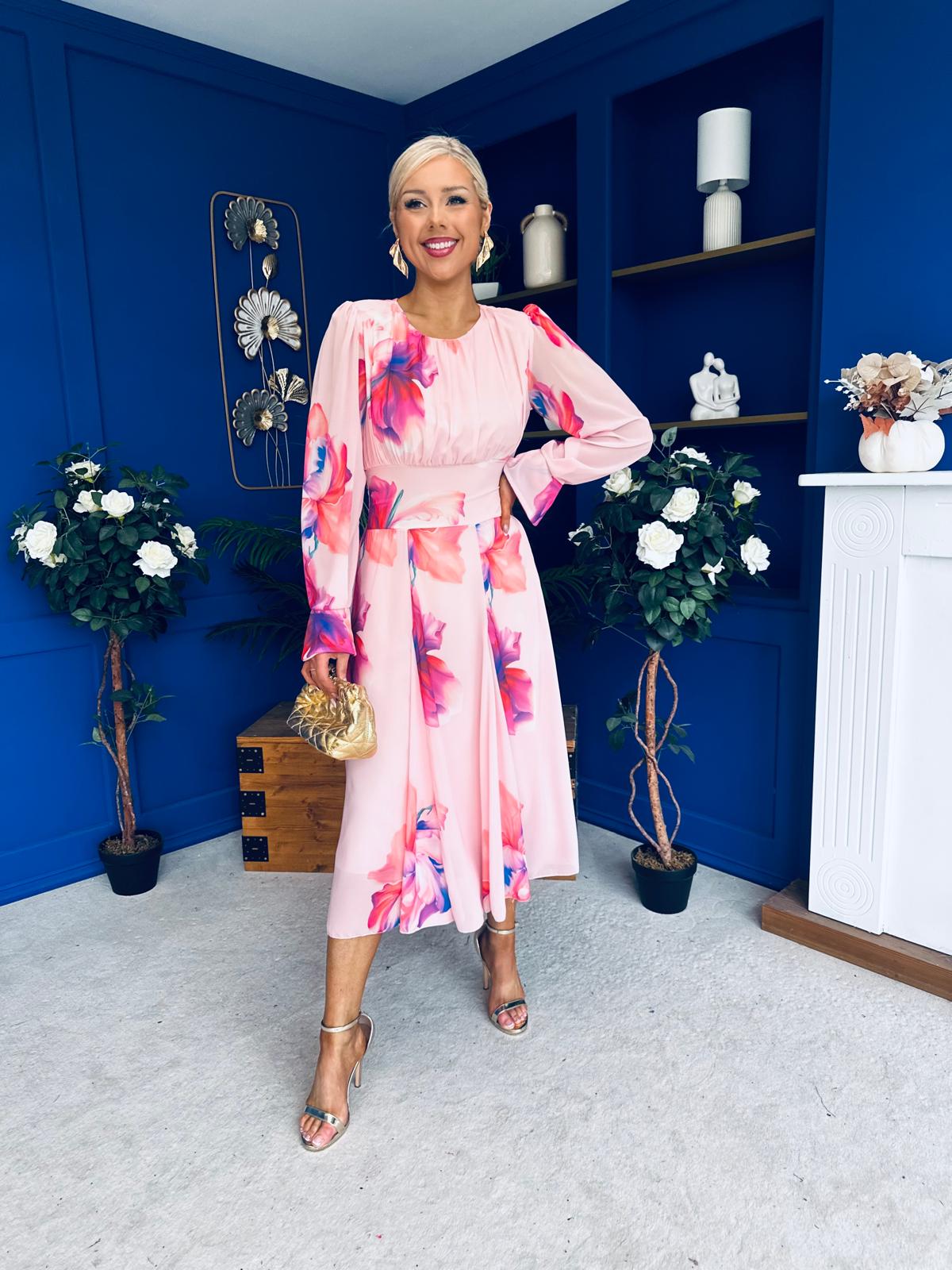 Kaylinn Banded Midi Dress Floral Peach