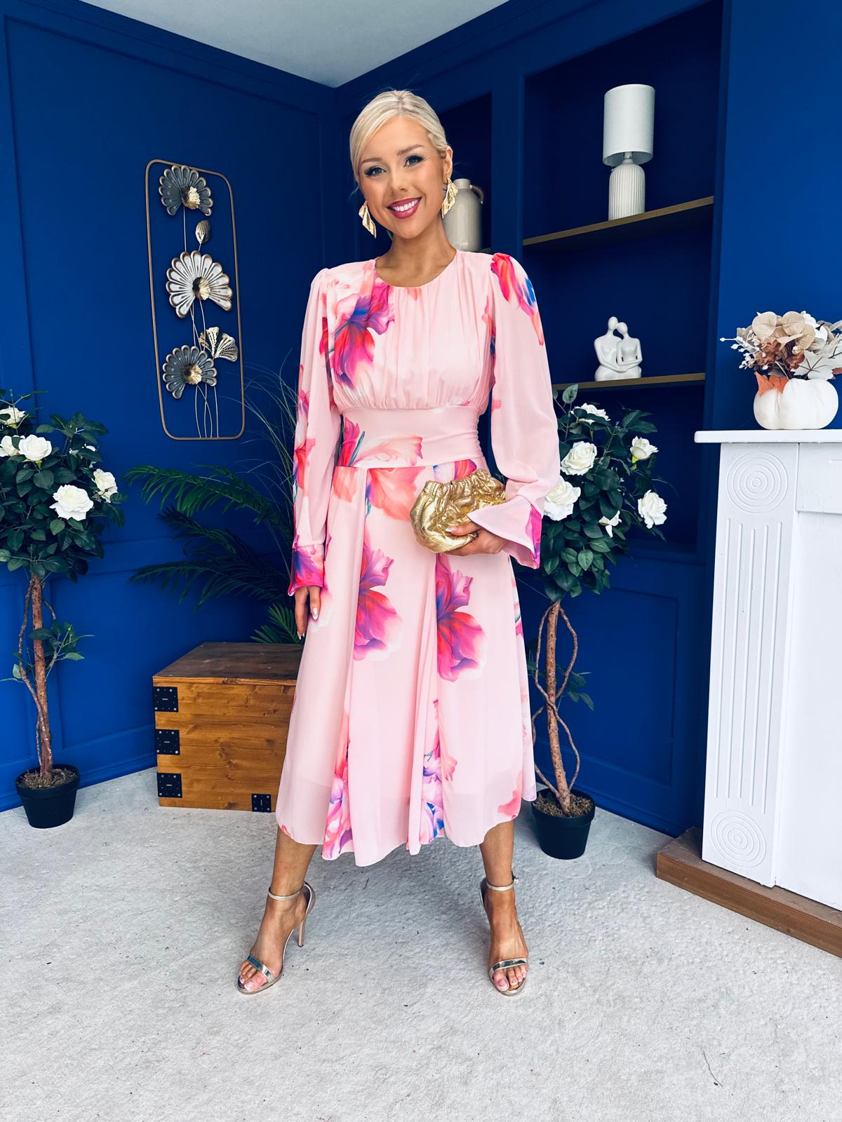 Kaylinn Banded Midi Dress Floral Peach