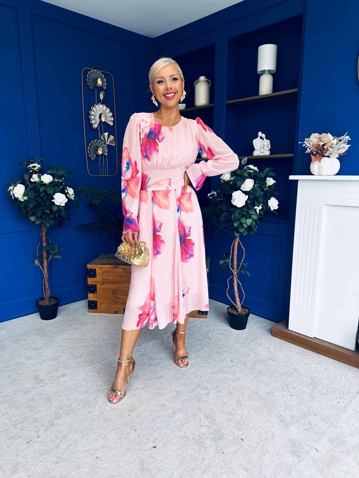 Kaylinn Banded Midi Dress Floral Peach