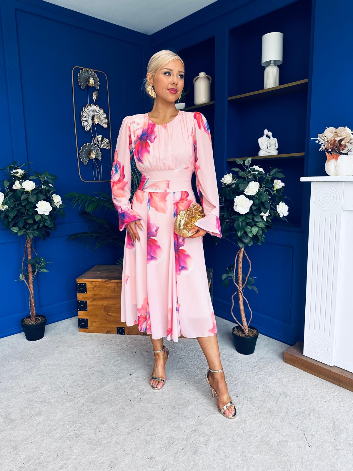 Kaylinn Banded Midi Dress Floral Peach