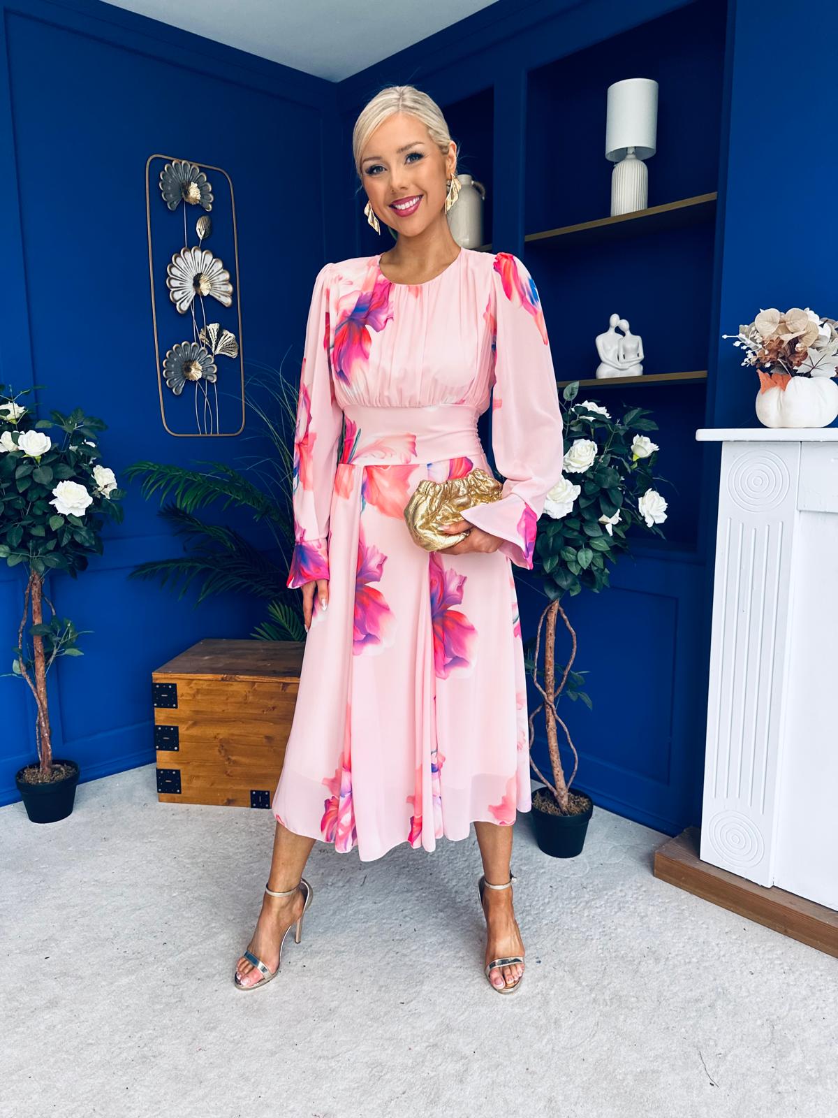 Kaylinn Banded Midi Dress Floral Peach