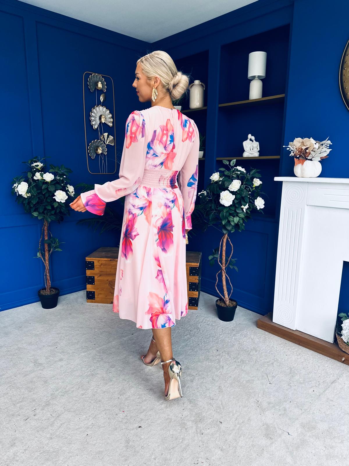 Kaylinn Banded Midi Dress Floral Peach
