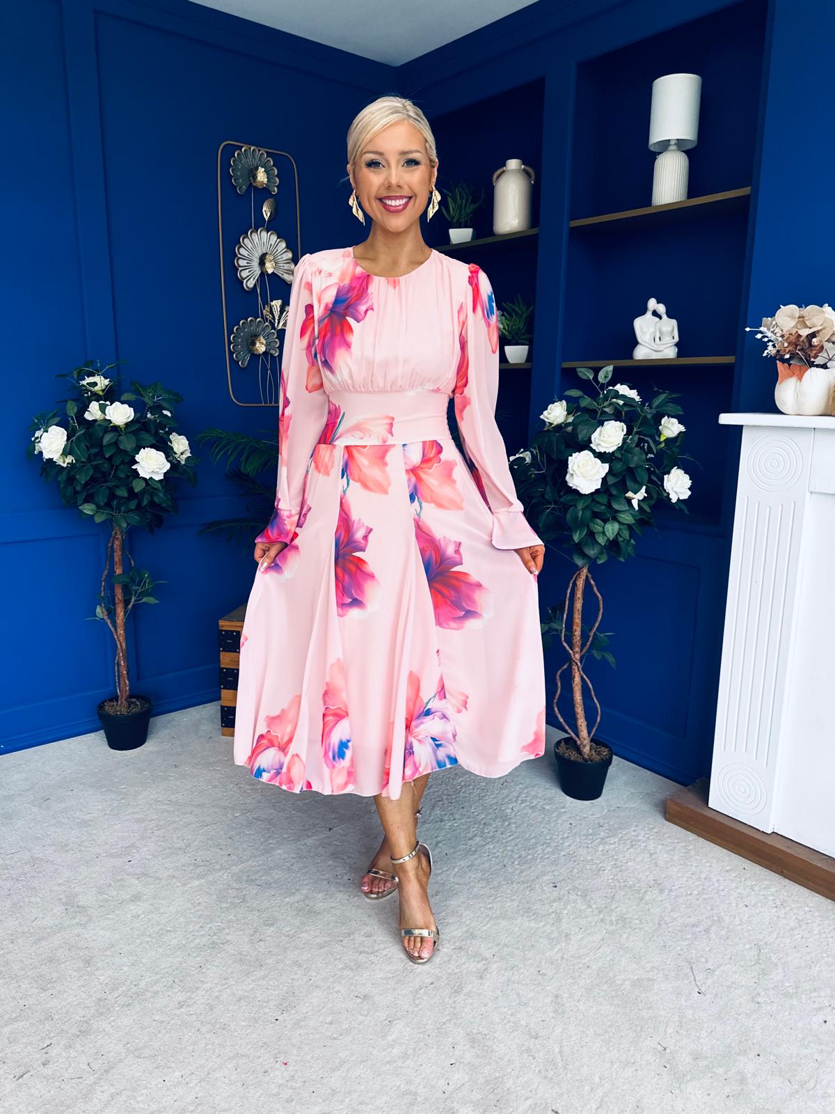 Kaylinn Banded Midi Dress Floral Peach