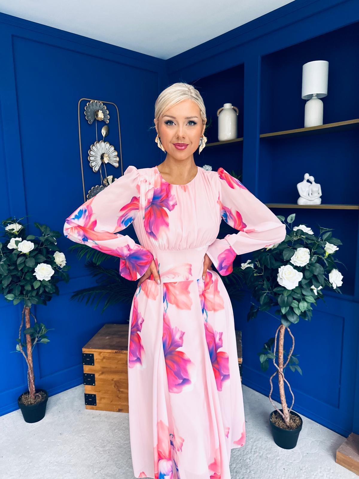 Kaylinn Banded Midi Dress Floral Peach