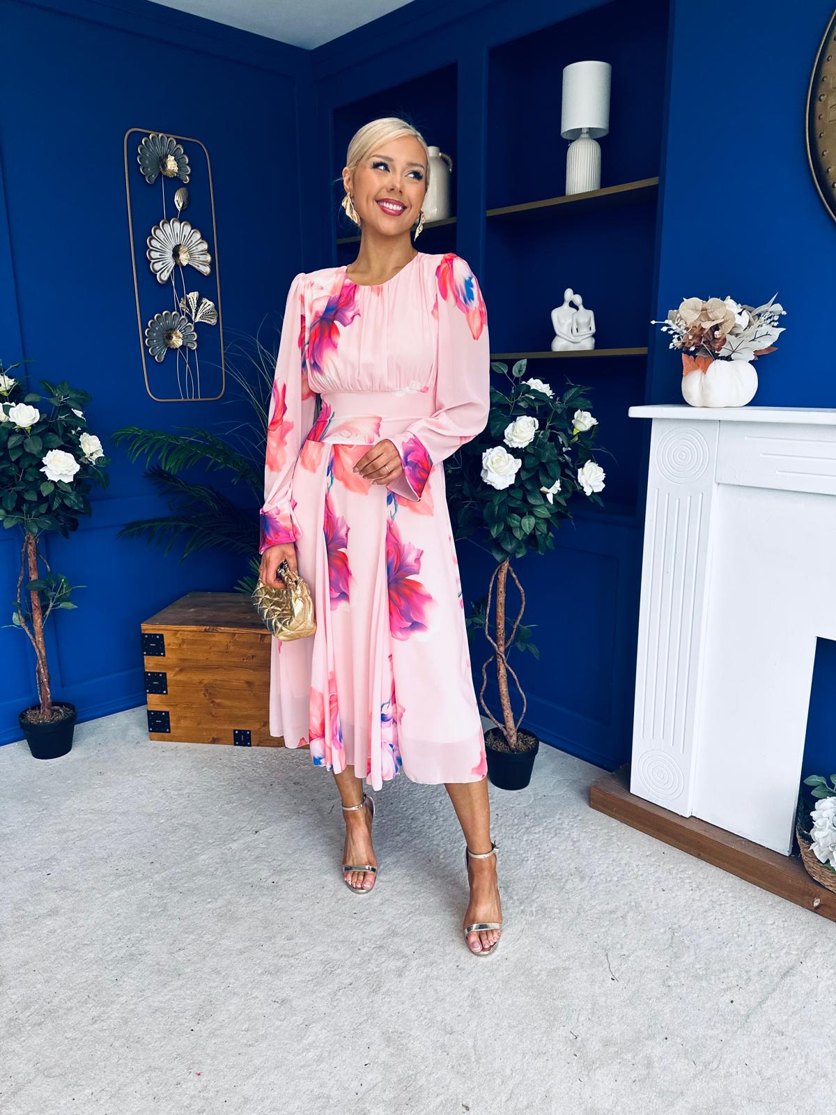 Kaylinn Banded Midi Dress Floral Peach