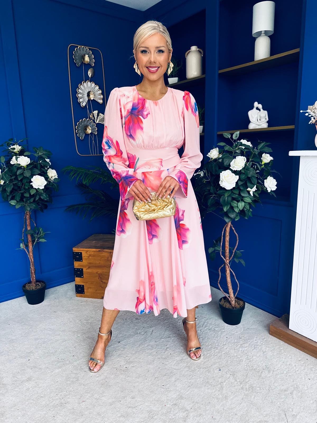 Kaylinn Banded Midi Dress Floral Peach