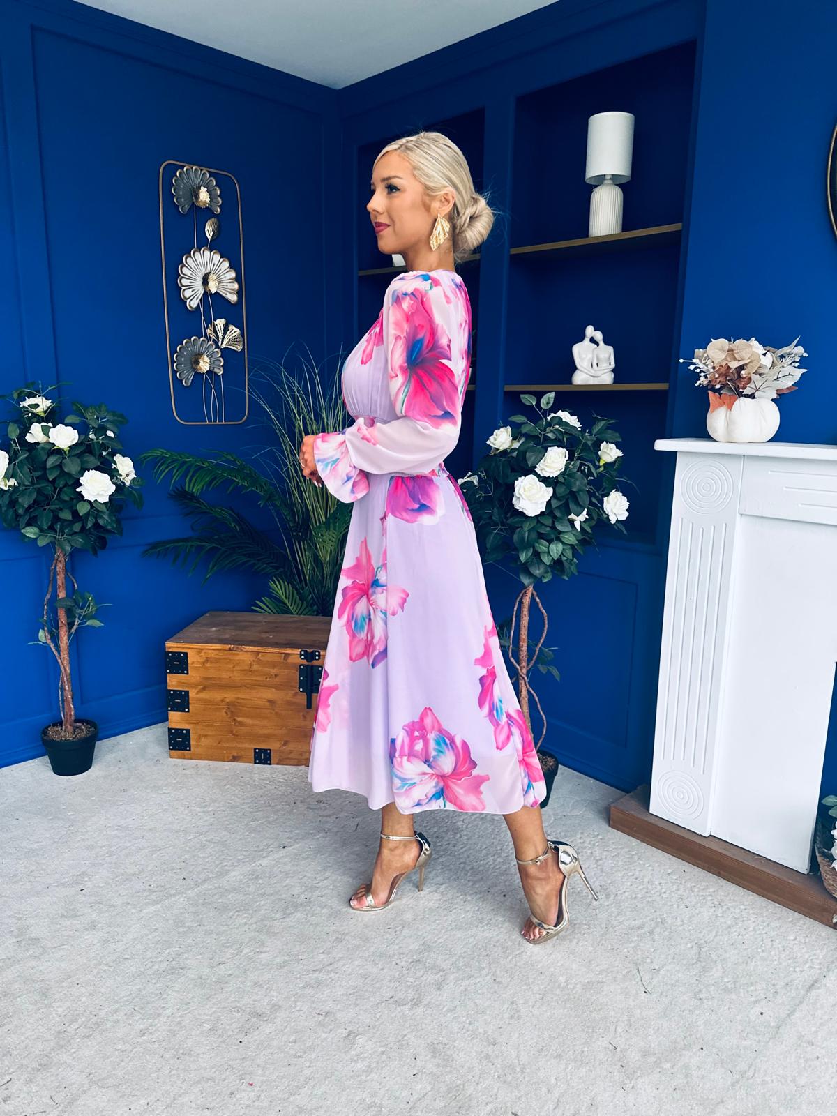 Kaylinn Banded Midi Dress Floral Lavender