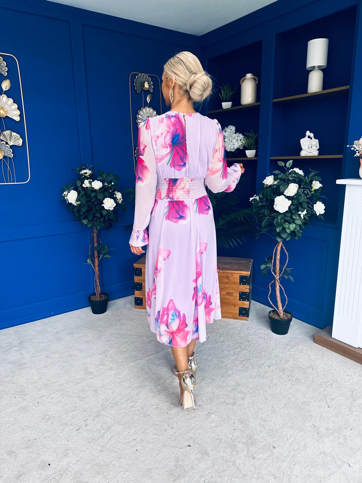 Kaylinn Banded Midi Dress Floral Lavender