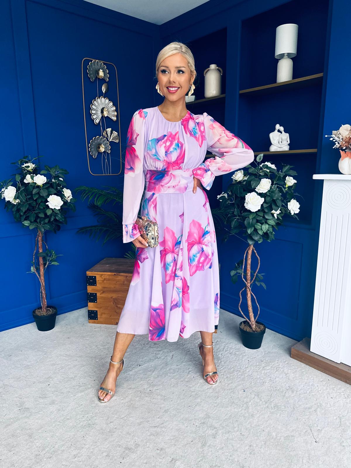 Kaylinn Banded Midi Dress Floral Lavender