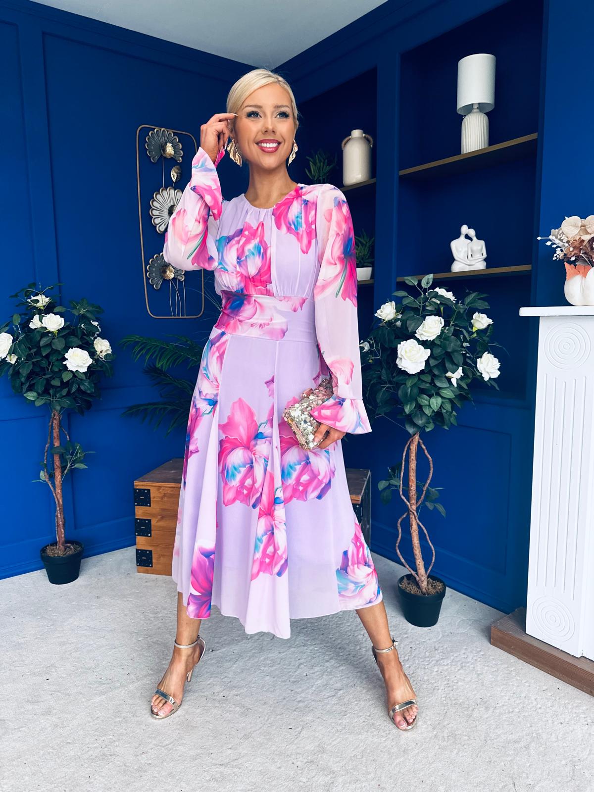 Kaylinn Banded Midi Dress Floral Lavender