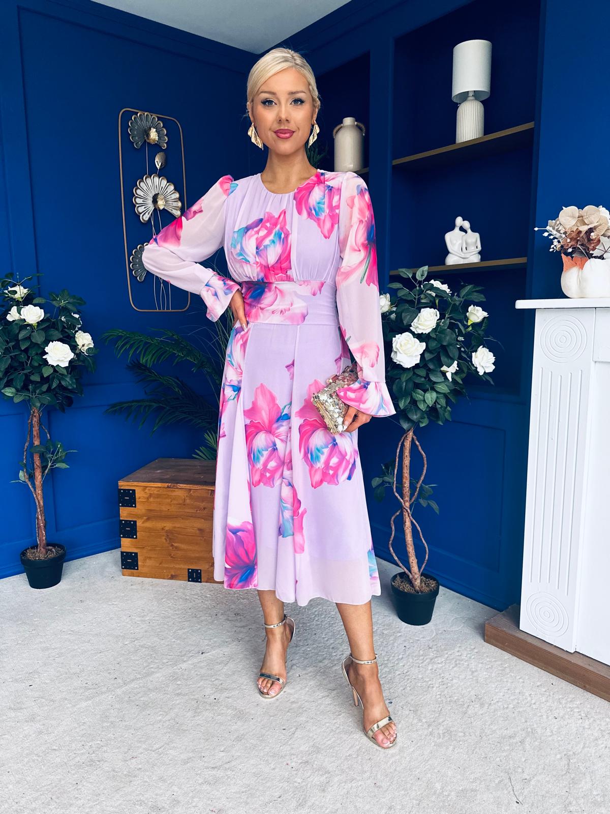 Kaylinn Banded Midi Dress Floral Lavender