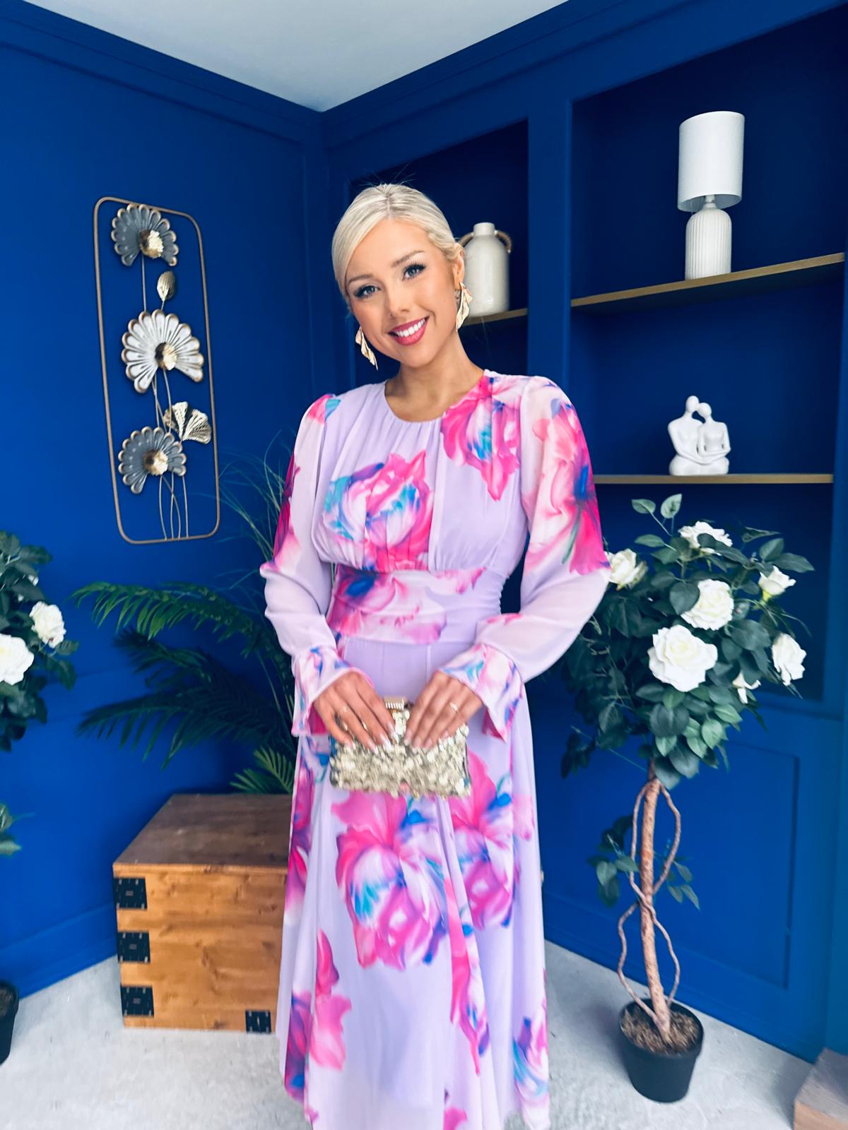 Kaylinn Banded Midi Dress Floral Lavender