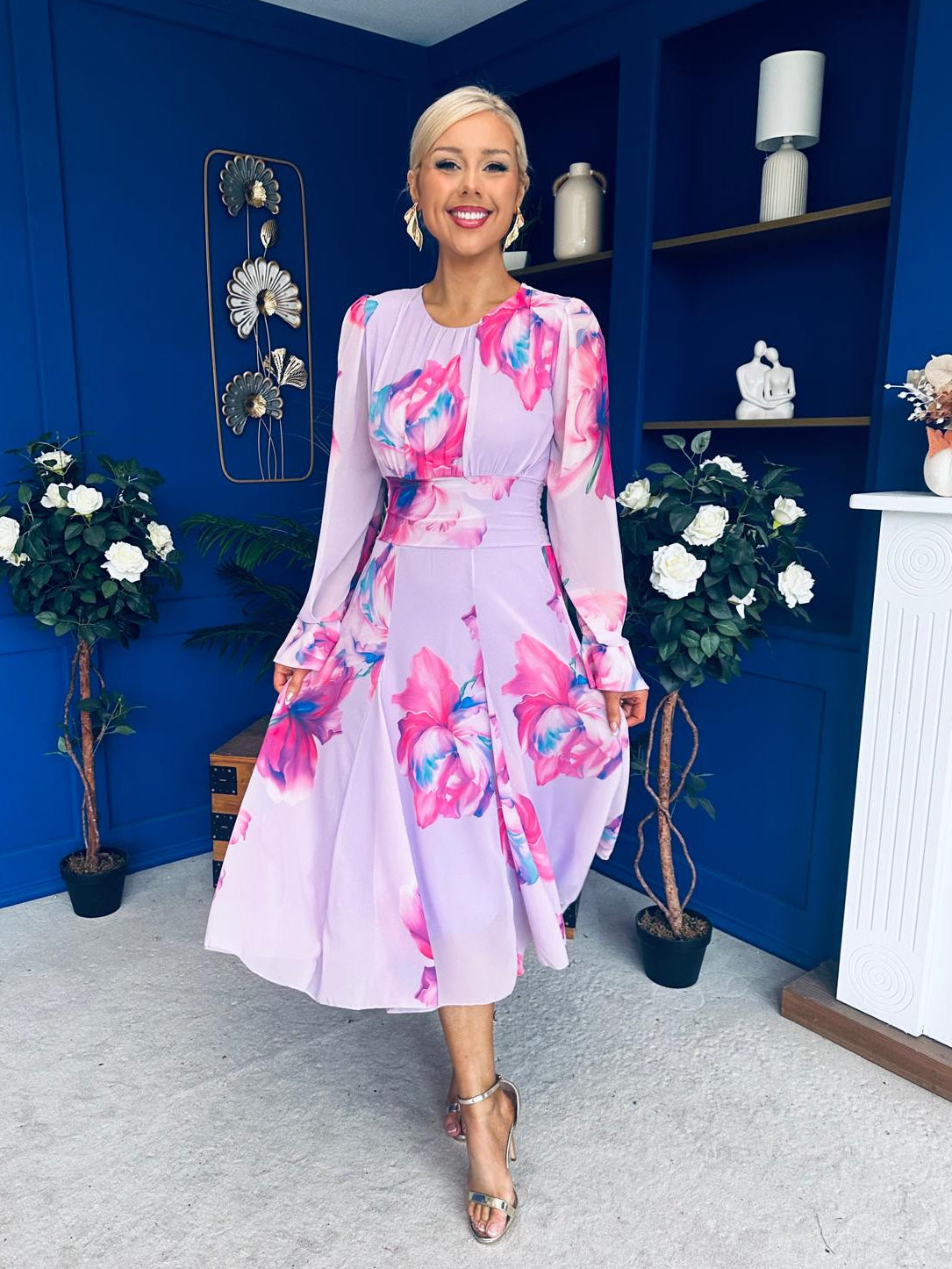 Kaylinn Banded Midi Dress Floral Lavender