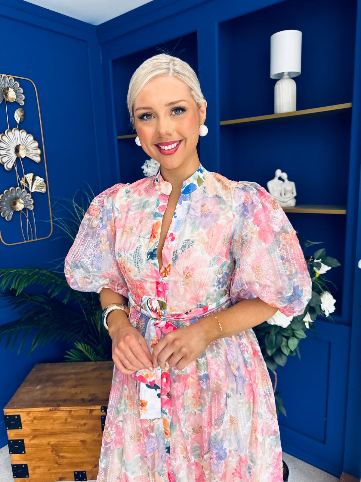 Fabia Puff Sleeve Lace Shirt Dress Cream Blue