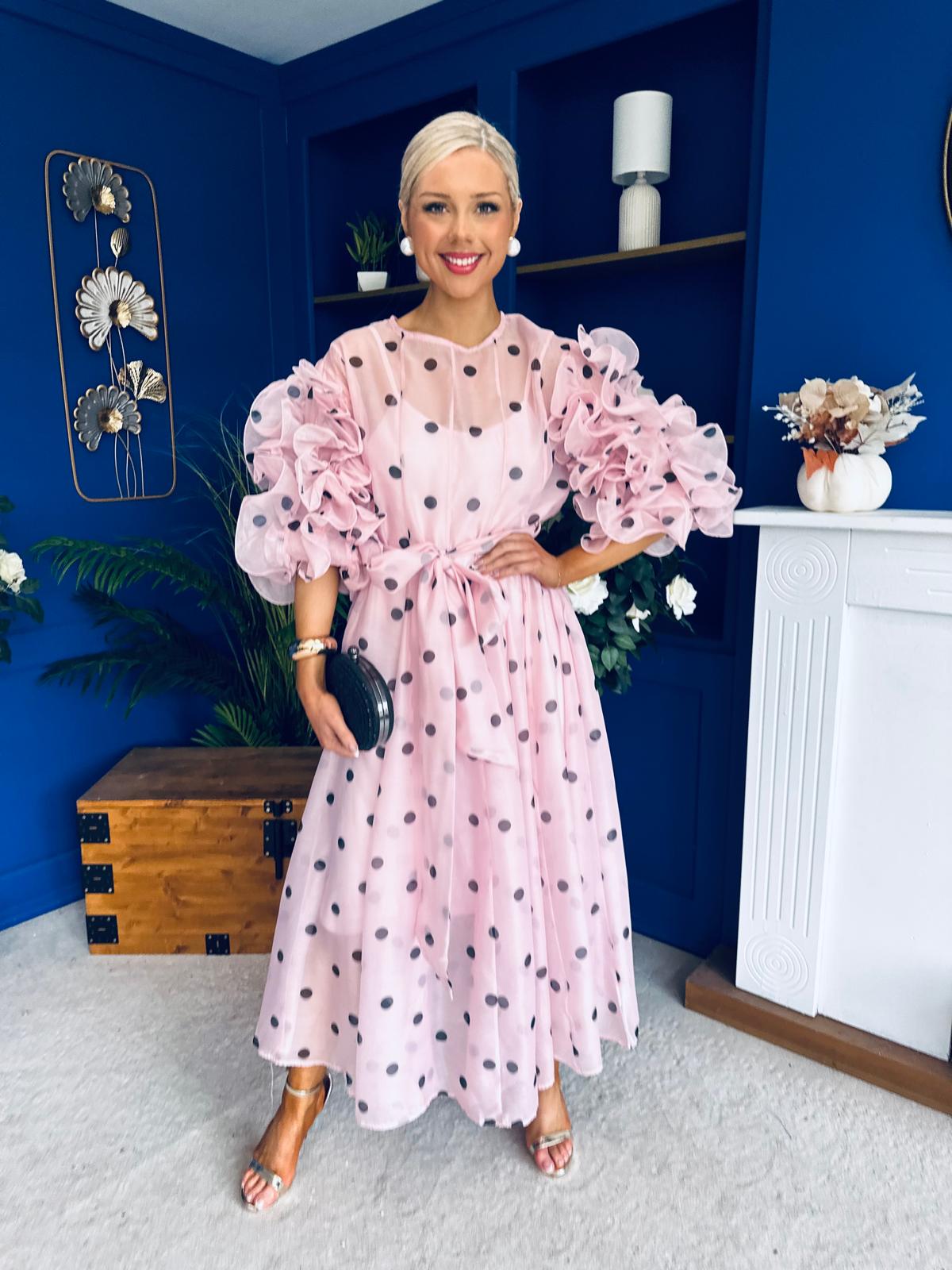 Ethna Frill Sleeve Occasion Dress Polka Pink