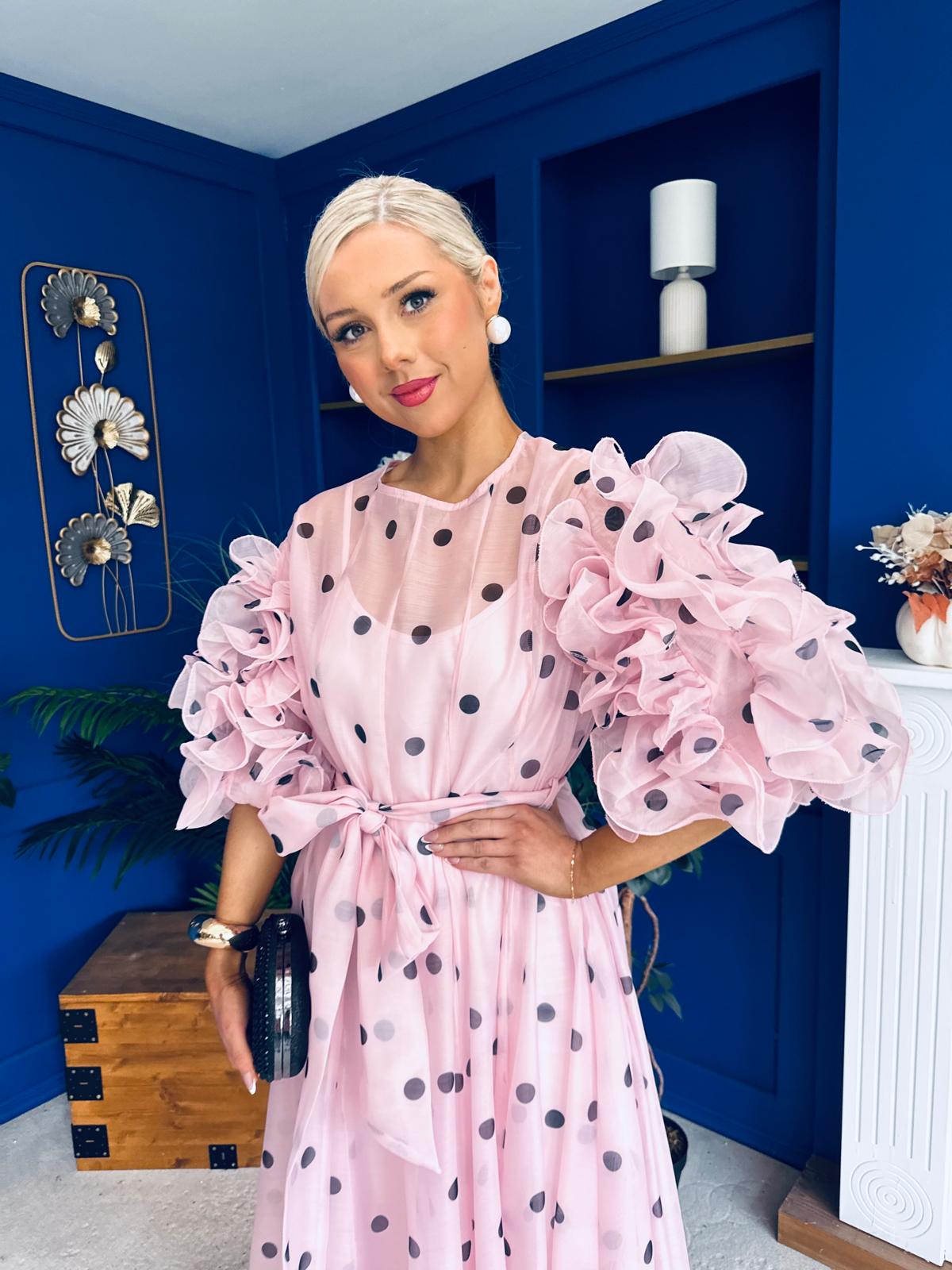Ethna Frill Sleeve Occasion Dress Polka Pink