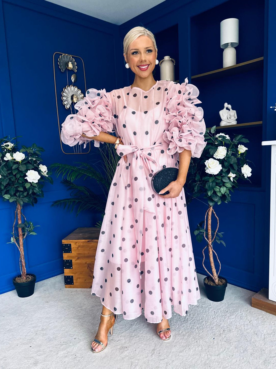 Ethna Frill Sleeve Occasion Dress Polka Pink