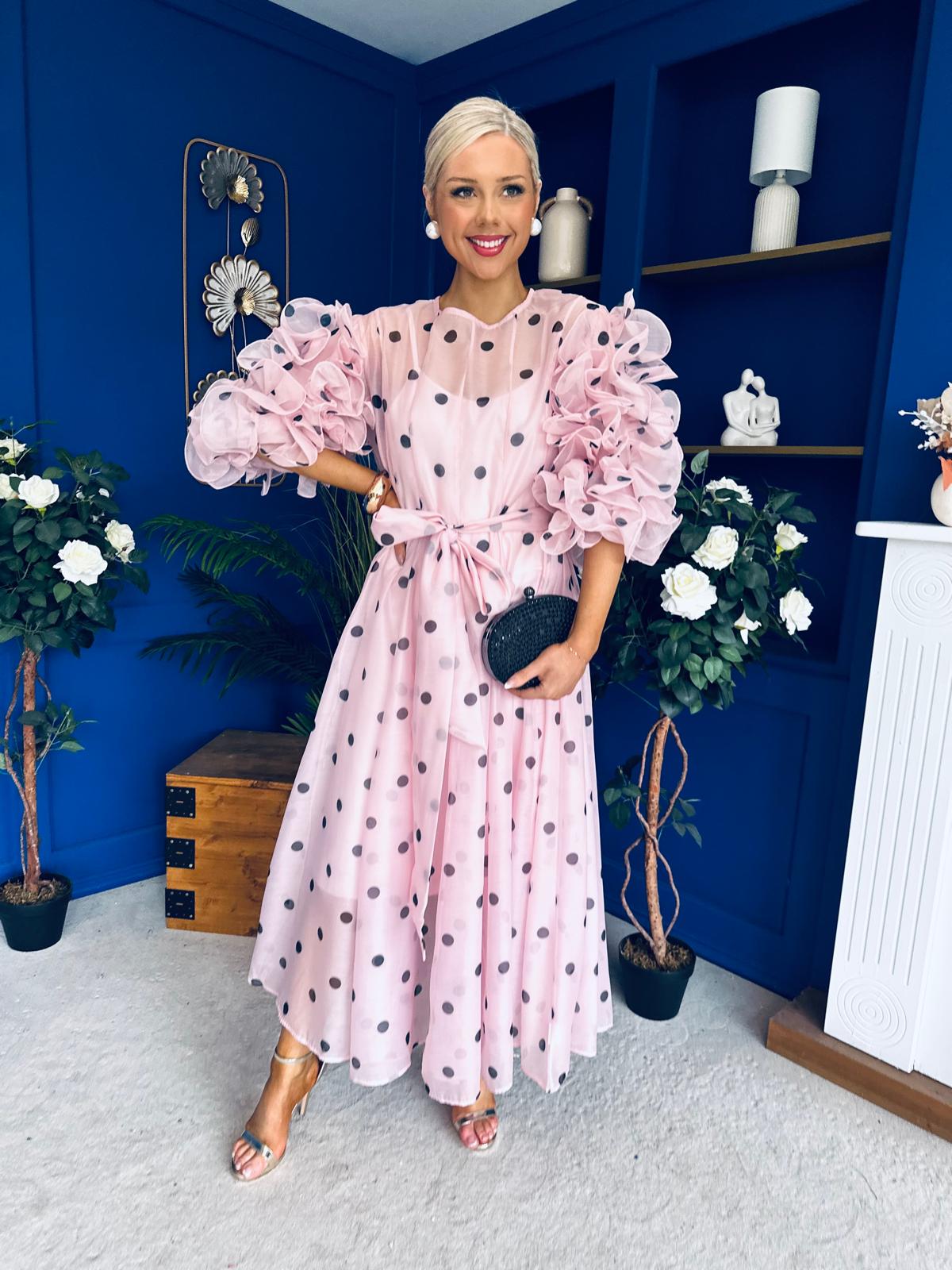 Ethna Frill Sleeve Occasion Dress Polka Pink