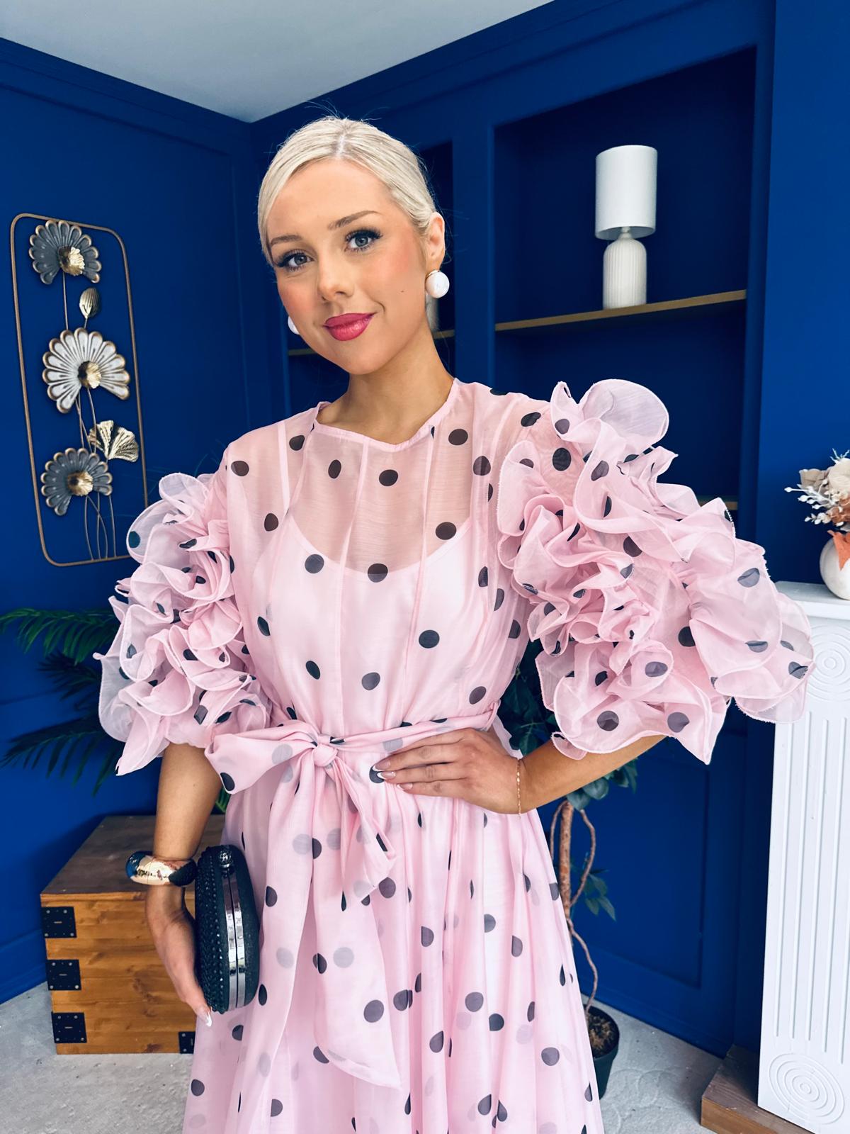 Ethna Frill Sleeve Occasion Dress Polka Pink