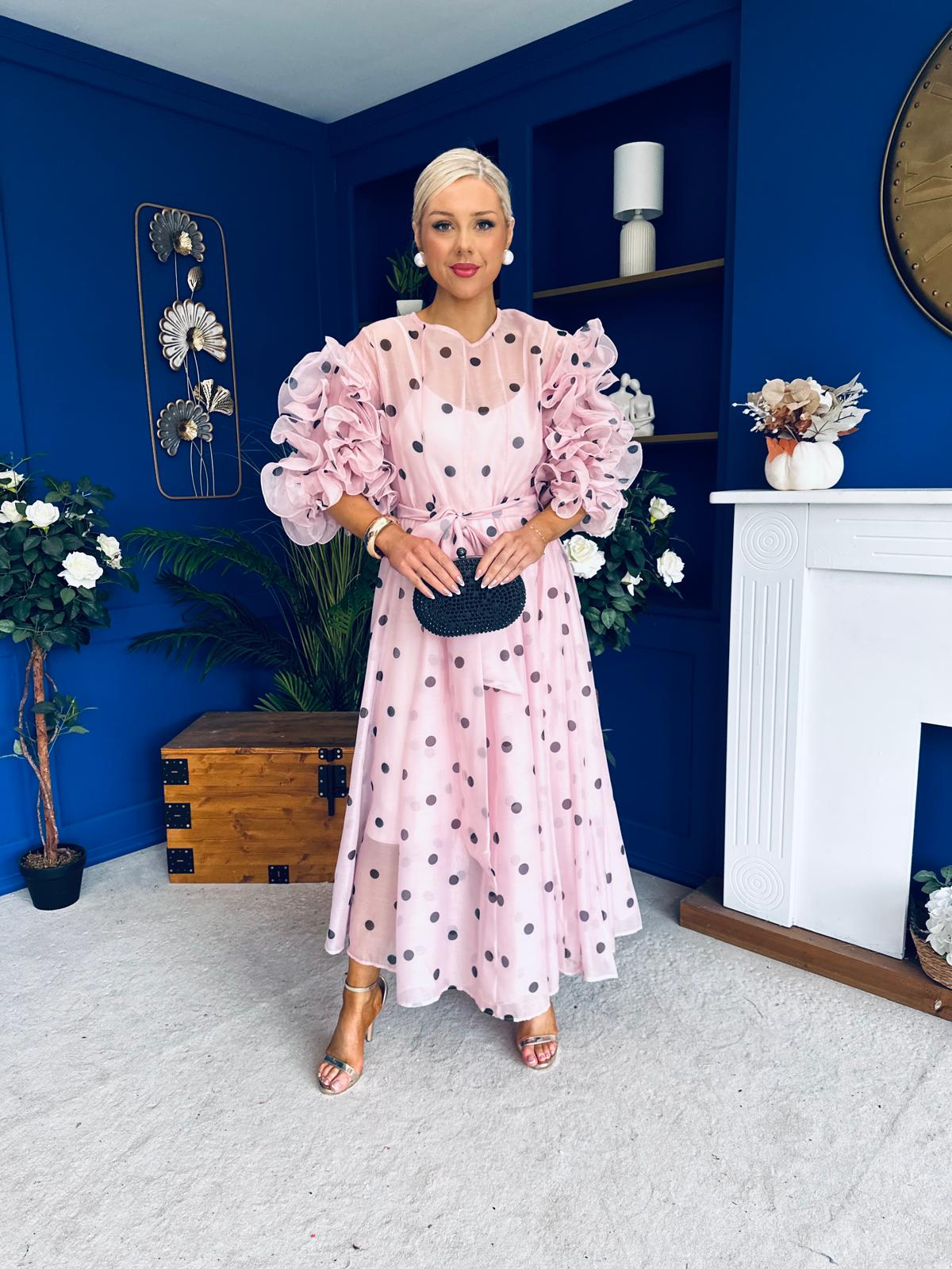 Ethna Frill Sleeve Occasion Dress Polka Pink