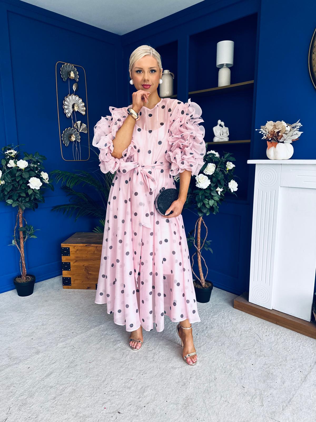 Ethna Frill Sleeve Occasion Dress Polka Pink