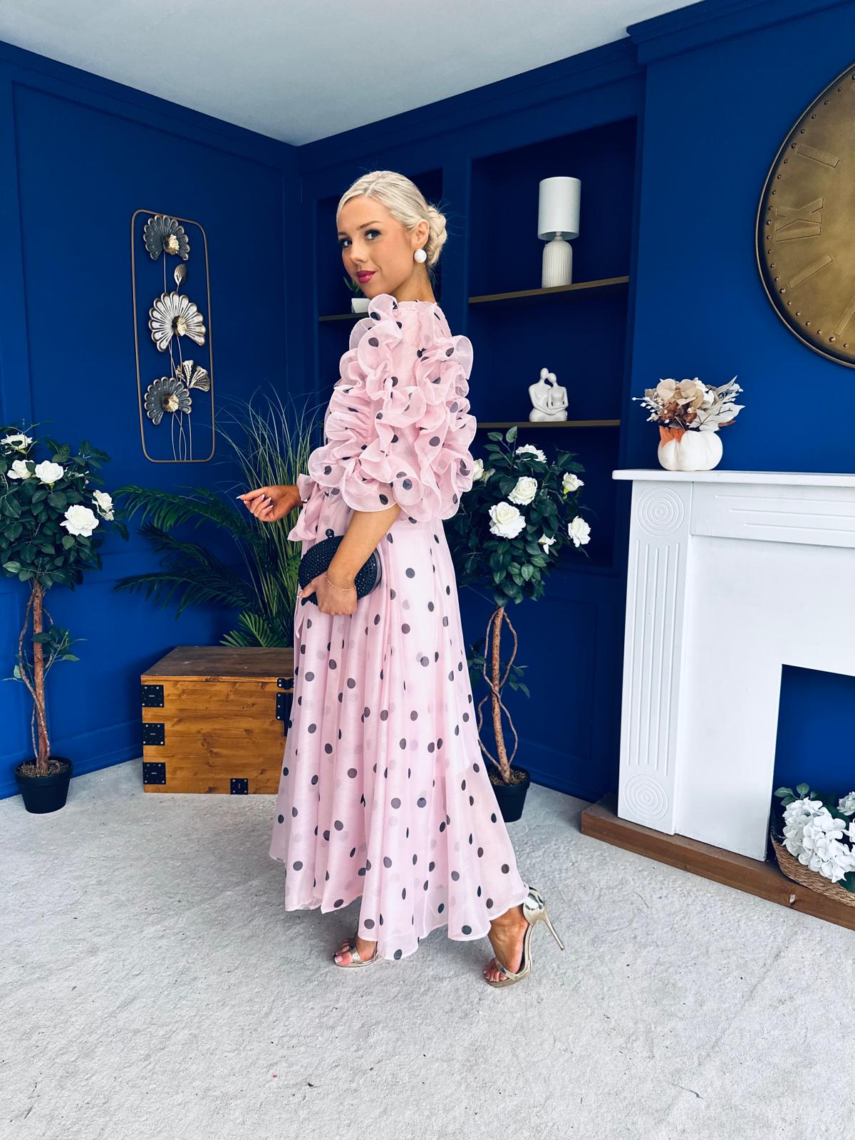 Ethna Frill Sleeve Occasion Dress Polka Pink