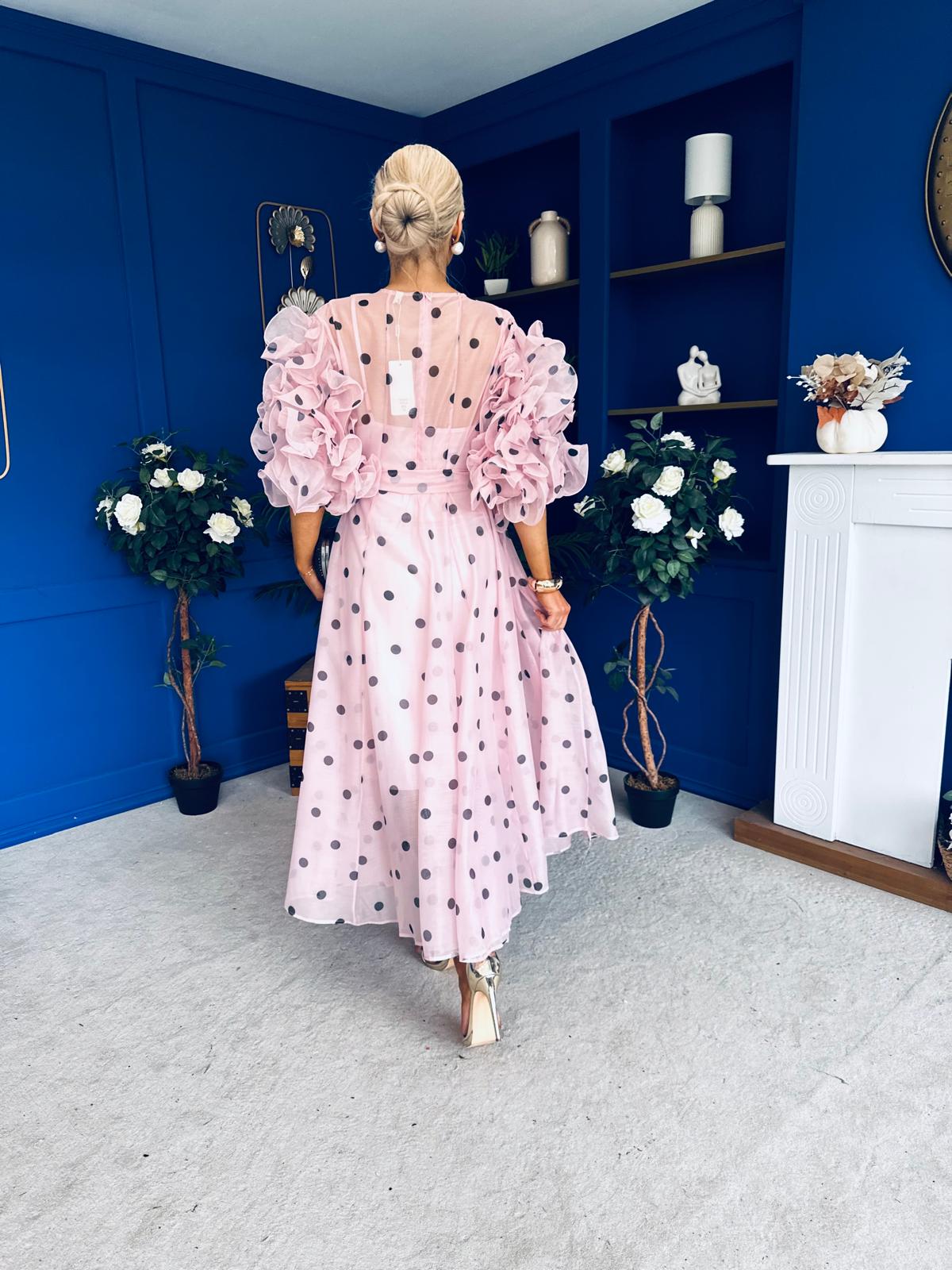 Ethna Frill Sleeve Occasion Dress Polka Pink