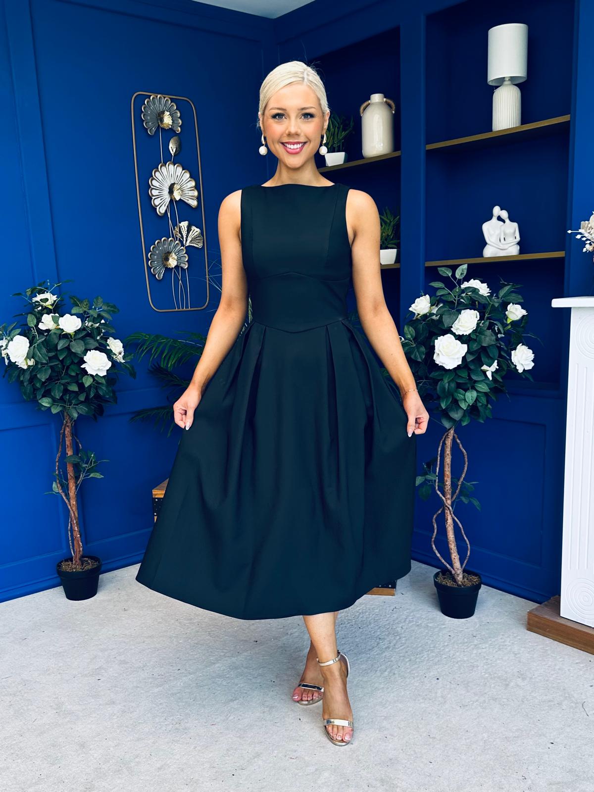 Nesta Boat Neck Skater Midi Dress Black