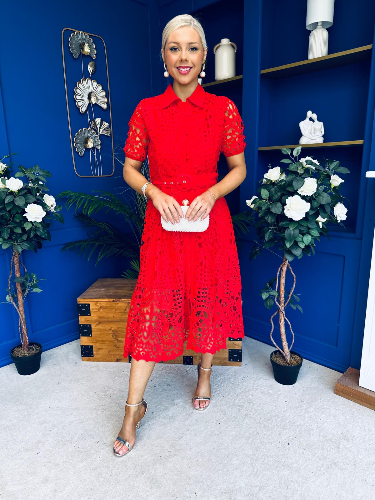Meadow Short Sleeve Crochet Midi Dress Red