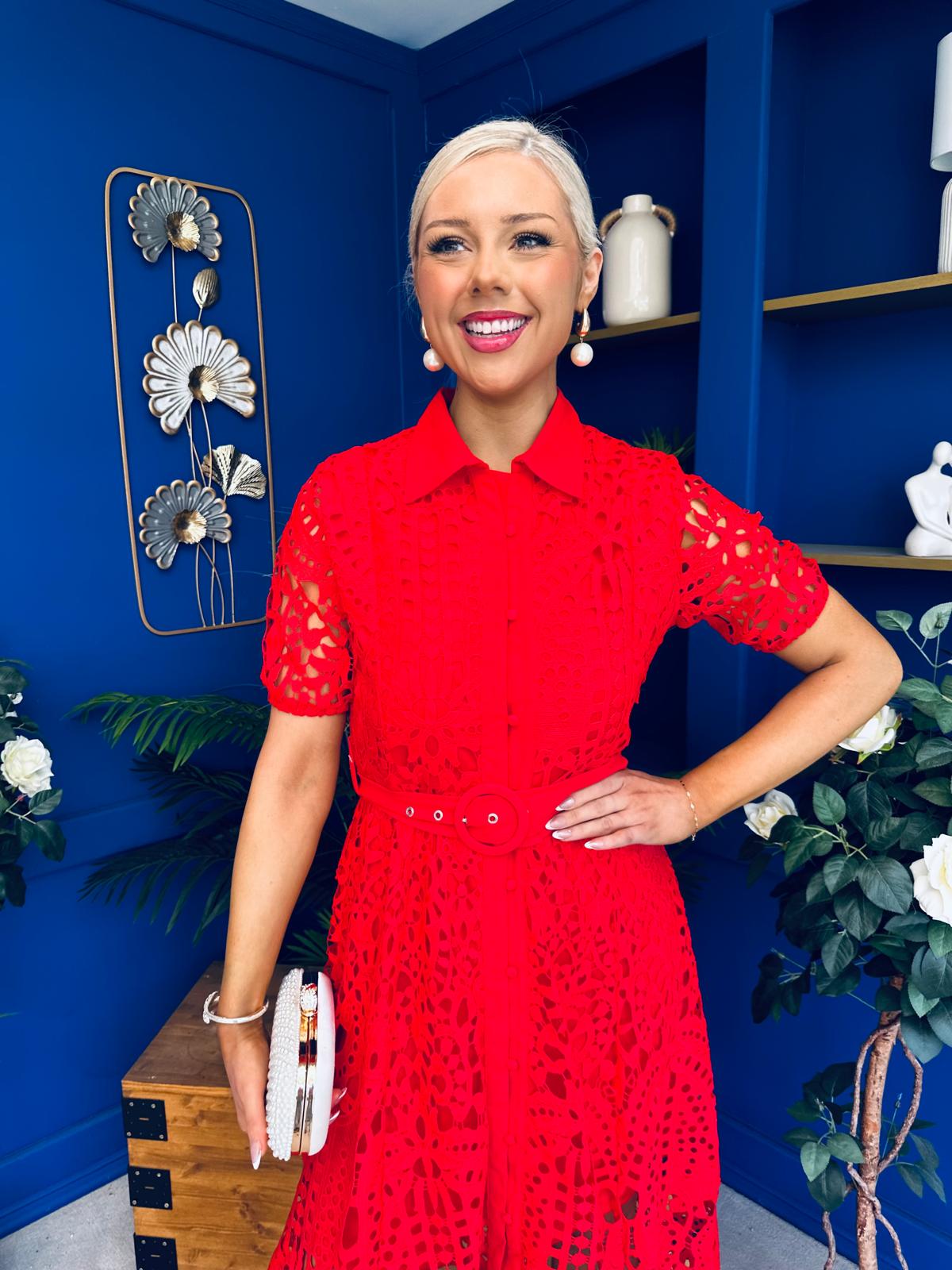 Meadow Short Sleeve Crochet Midi Dress Red