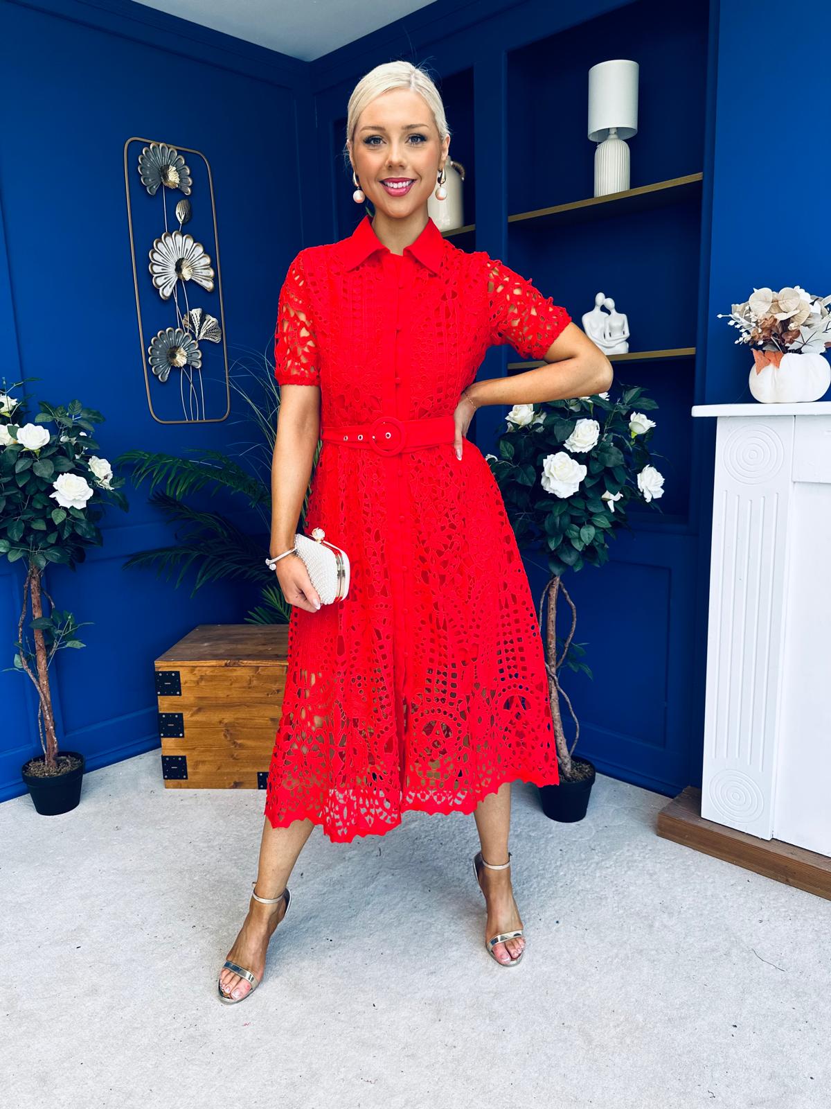Meadow Short Sleeve Crochet Midi Dress Red