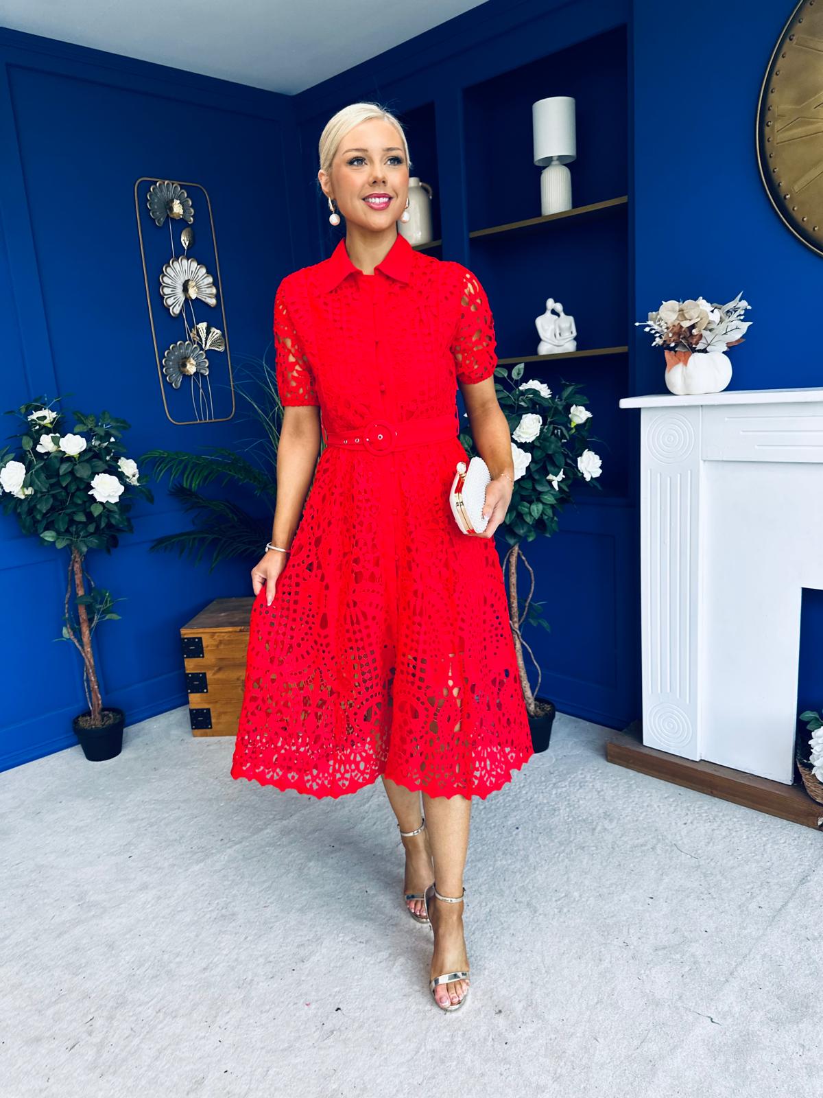 red crochet midi dress Meadow Short Sleeve Crochet Midi Dress Red