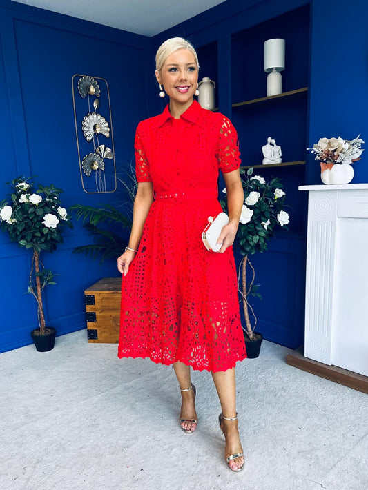 Meadow Short Sleeve Crochet Midi Dress Red