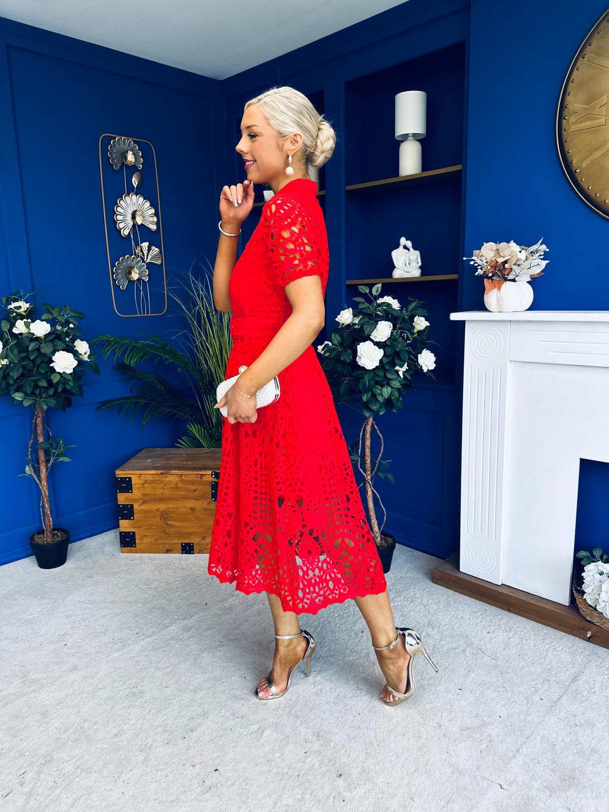 Meadow Short Sleeve Crochet Midi Dress Red