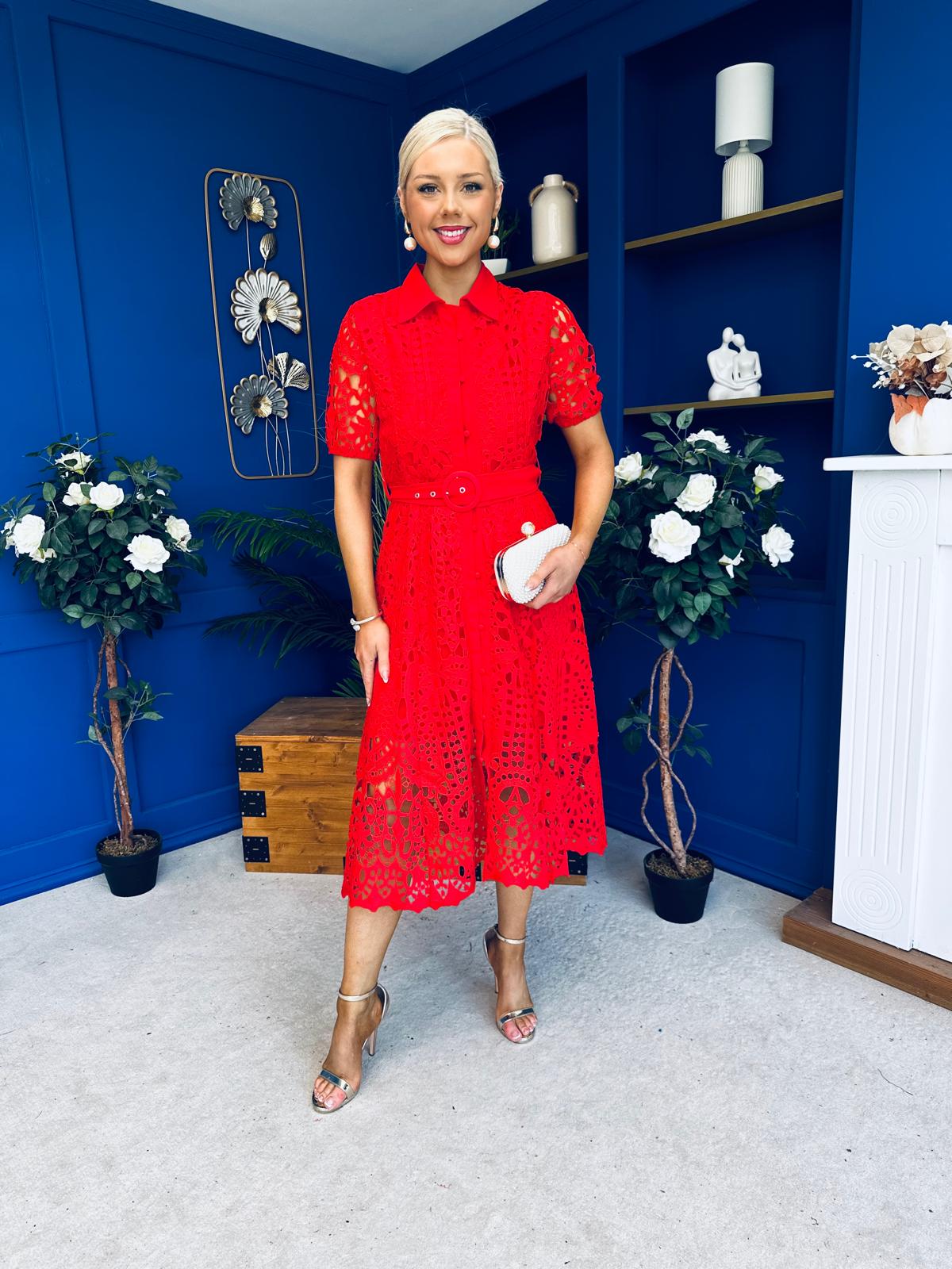 Meadow Short Sleeve Crochet Midi Dress Red