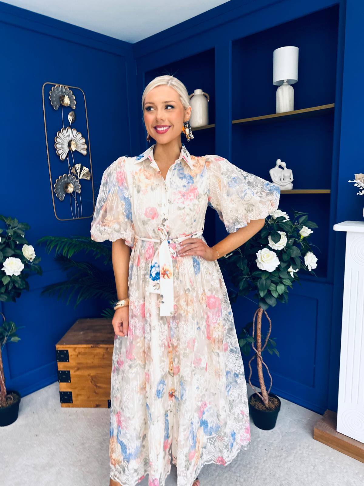 Siobhan Puff Sleeve Lace Shirt Dress Cream Blue