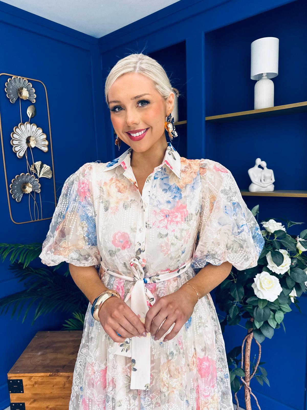 Siobhan Puff Sleeve Lace Shirt Dress Cream Blue