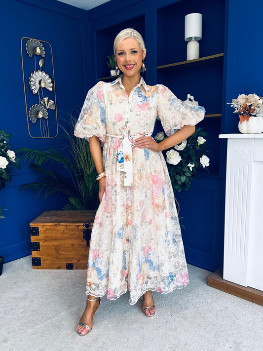 Siobhan Puff Sleeve Lace Shirt Dress Cream Blue