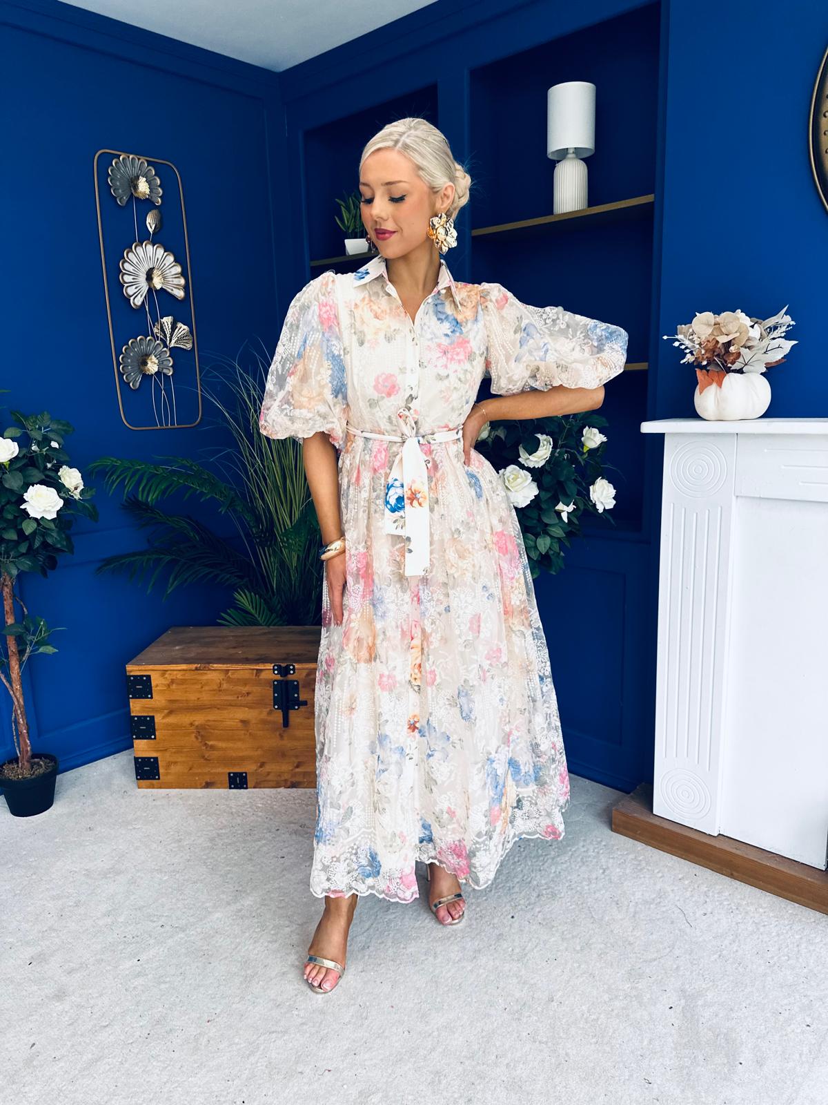 Siobhan Puff Sleeve Lace Shirt Dress Cream Blue