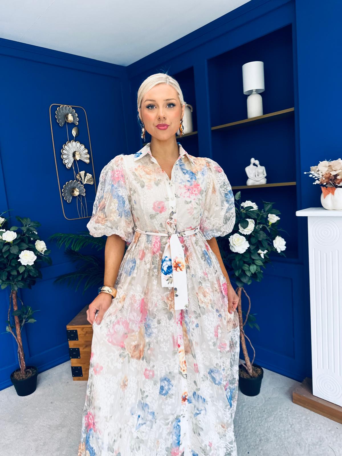 Siobhan Puff Sleeve Lace Shirt Dress Cream Blue