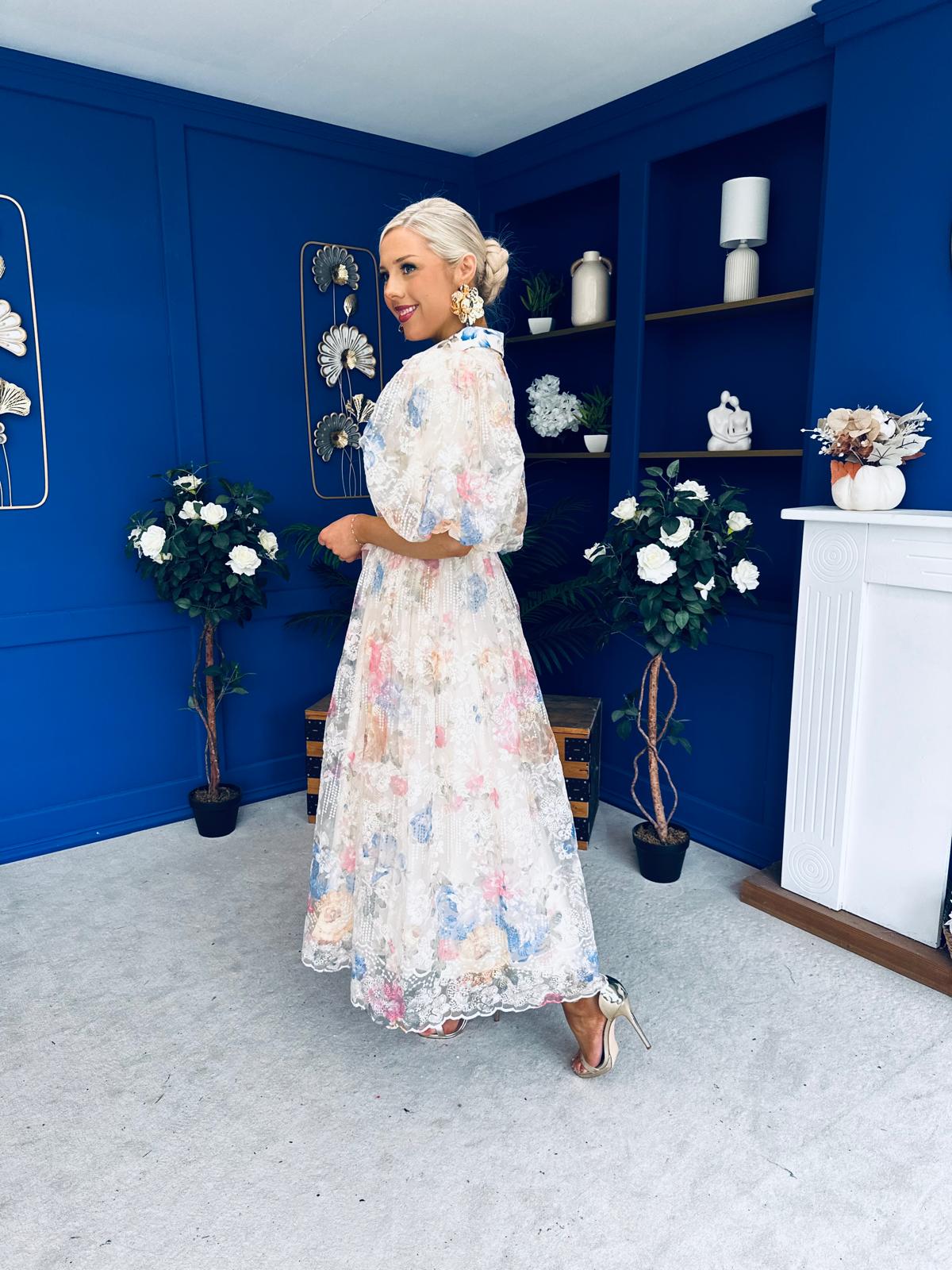 Siobhan Puff Sleeve Lace Shirt Dress Cream Blue
