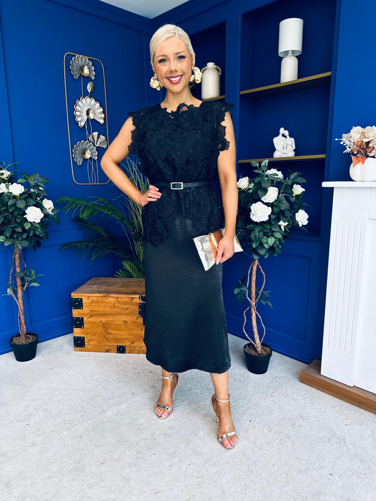 Tara Crochet Top & Satin Dress Set Black