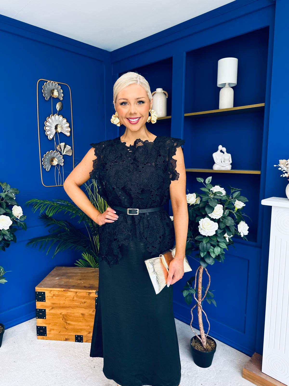 Tara Crochet Top & Satin Dress Set Black